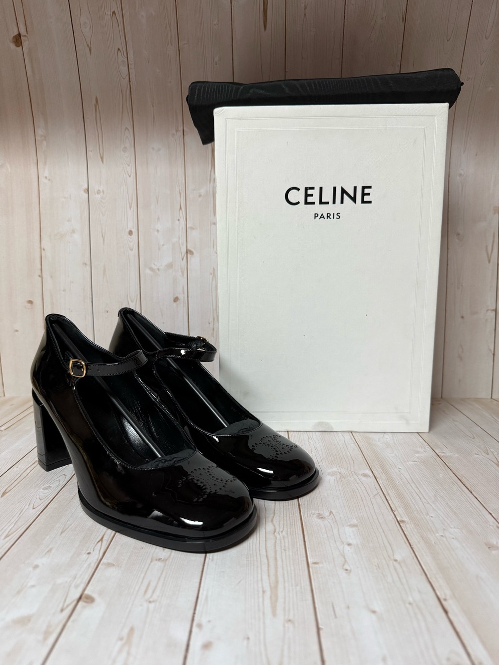 Celine Triomphe Babies Patent Leather Block Heeled Heels Black Sz 37 / 7
